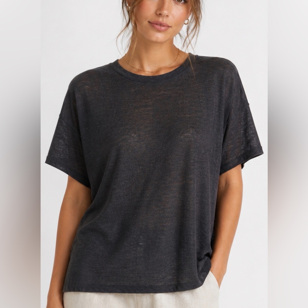 J.Crew Black Linen T Shirt Crew Neck Short Sleeve Relaxed Fit Women S NEW